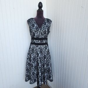 AA Studio Women's Dress Fit Flare Sleeveless Black White V-Neck Stretch Sz 10